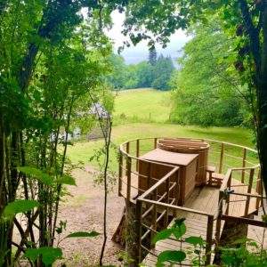 Cabane perchée en bois, entourée de verdure, offrant une vue sur la nature.