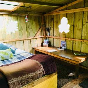 Cabane en bois à Basse-Normandie, avec un lit douillet et des décorations naturelles.