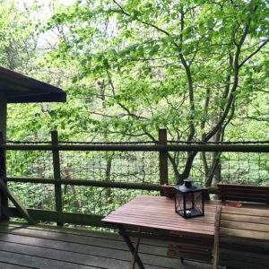 Cabane perchée en Basse-Normandie, avec terrasse en bois entourée de verdure.
