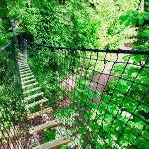 Hébergement insolite en cabane dans les arbres, passerelle suspendue au milieu de la verdure.