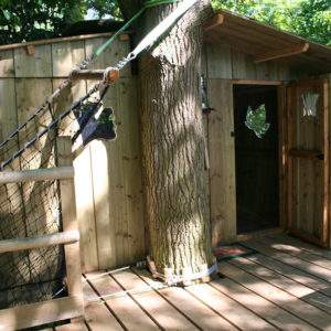 Cabane perchée en bois dans les arbres, entourée de verdure luxuriante.