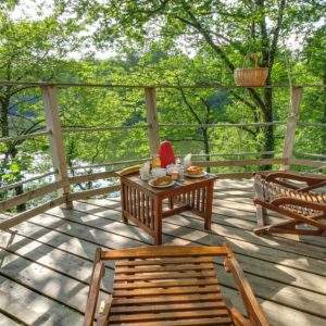 Cabane perchée dans les arbres, terrasse en bois avec vue sur la nature verdoyante.