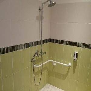 Douche spacieuse dun hébergement insolite, carrelage vert et équipements modernes.