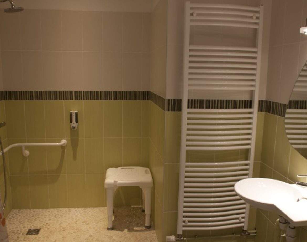 Salle de bain moderne dun hébergement insolite, avec carrelage vert et douche spacieuse.