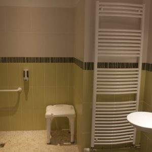 Salle de bain moderne dun hébergement insolite, avec carrelage vert et douche spacieuse.