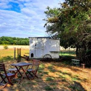 Hébergement insolite : une roulotte blanche sous un arbre, avec une table en bois à côté.