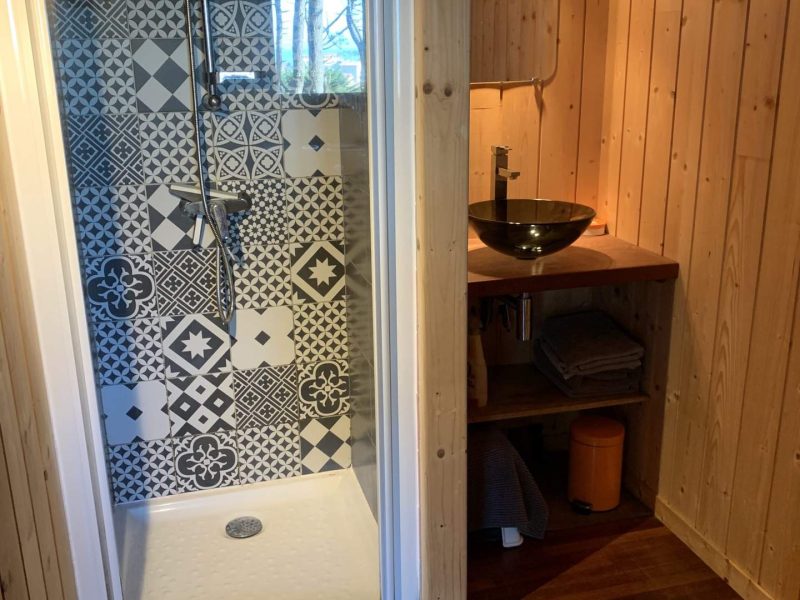 Salle de bain moderne dans un chalet en bois, avec carrelage décoratif et douche spacieuse.
