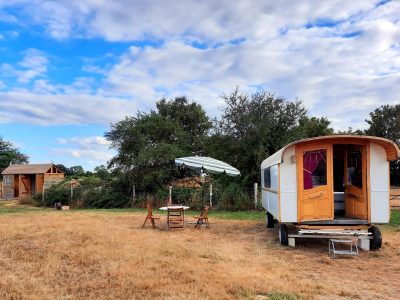 Charmante roulotte avec parasol, entourée de verdure et dun petit chalet en bois.
