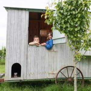 Cabane en bois rustique avec des enfants regardant par la fenêtre. Nature verdoyante.