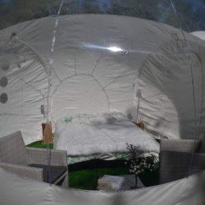 Hébergement insolite en bulle transparente, lit douillet et coin salon confortable.