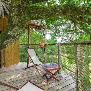 Cabane dans les arbres en Pays de la Loire, avec une terrasse ombragée et vue sur la nature.