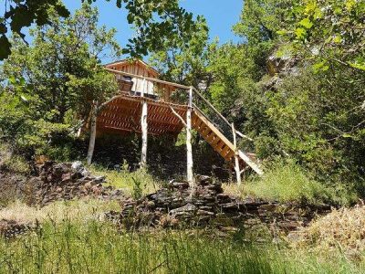 Cabane perchée en bois dans la nature, entourée de verdure et de collines.