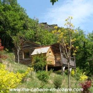 Cabane en bois perchée, entourée de verdure et de fleurs colorées à Languedoc-Roussillon.