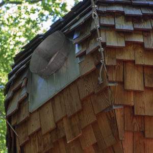 Cabane en bois au toit en bardeaux, nichée dans la verdure de Champagne-Ardennes.
