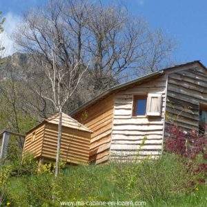 Cabane en bois perchée sur une colline, entourée de verdure et darbres.
