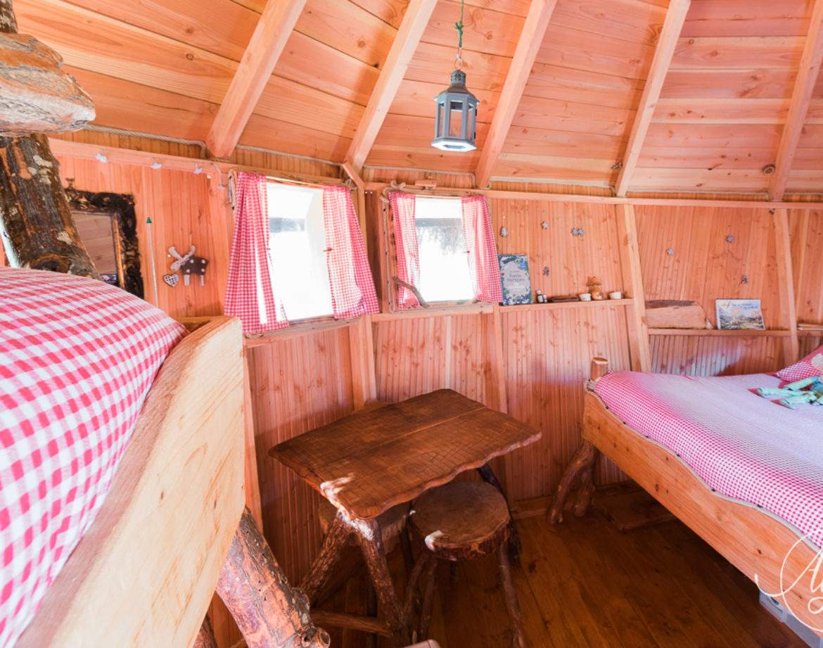 Cabane en bois chaleureuse avec lit douillet et table rustique, Auvergne-Rhône-Alpes.