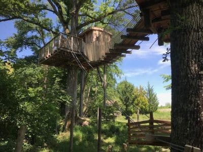 Cabane perchée dans les arbres, entourée de verdure, offrant une vue paisible.