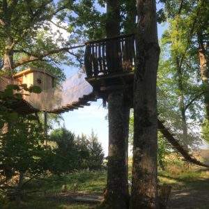 Cabane dans les arbres, perchée entre les branches, accès par une passerelle en bois.