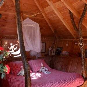 Cabane en bois avec un lit douillet, décorée de branches naturelles et dune ambiance chaleureuse.