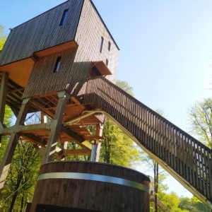 Cabane perchée en bois avec une grande terrasse et un accès par un escalier.
