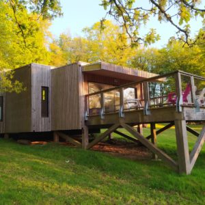 Cabane moderne sur pilotis, entourée de verdure, avec terrasse en bois.
