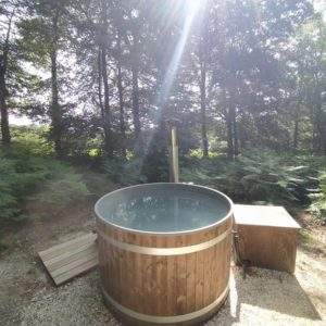 Hébergement insolite en Basse-Normandie avec un jacuzzi en bois entouré de verdure.