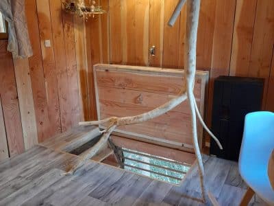 Cabane en bois avec un tronc darbre traversant, ambiance chaleureuse et naturelle.
