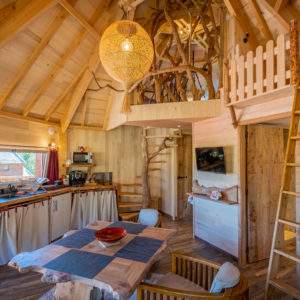 Cabane en bois avec mezzanine, ambiance chaleureuse et décoration naturelle.