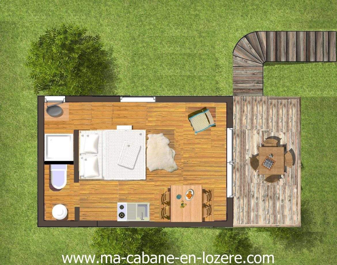 Cabane moderne en bois avec terrasse, vue sur la nature verdoyante.