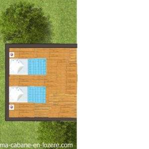 Cabane en bois avec terrasse, lits confortables et vue sur la nature verdoyante.