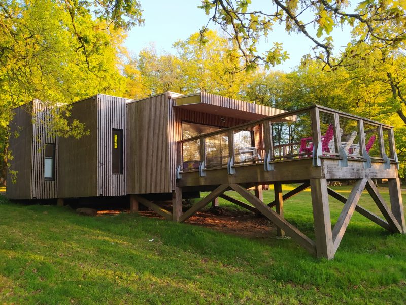 Cabane moderne en bois avec terrasse sur pilotis, entourée de verdure.