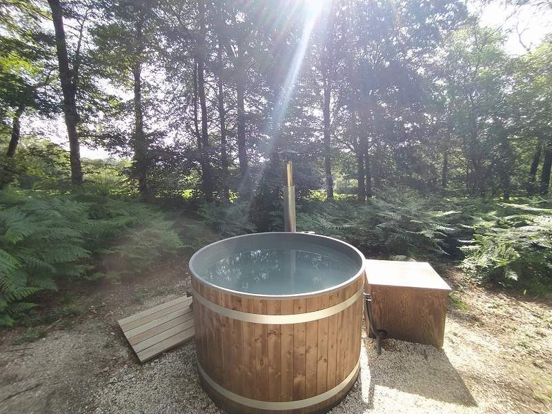 Hébergement en pleine nature avec un jacuzzi en bois entouré de verdure.