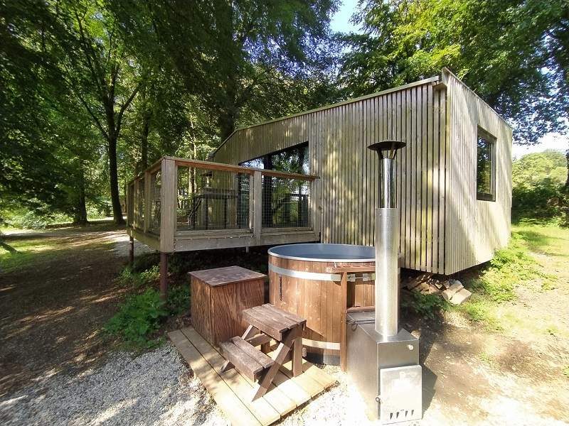 Cabane en bois avec terrasse, jacuzzi en extérieur entouré darbres verdoyants.