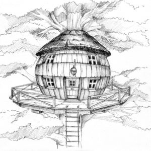 Cabane dans les arbres en forme de sphère, perchée sur une plateforme en bois.