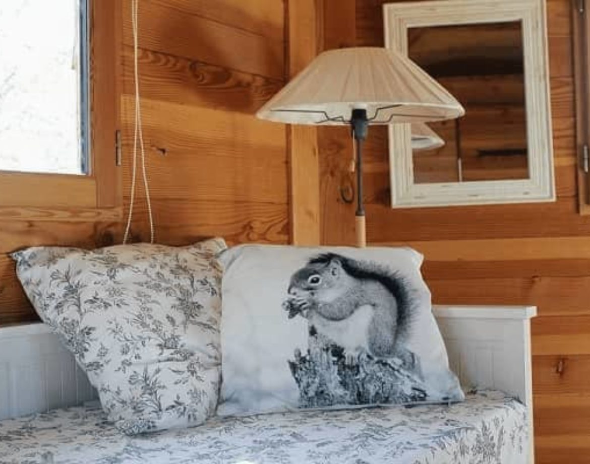 Cabane en bois avec un coussin écureuil et une lampe chaleureuse.