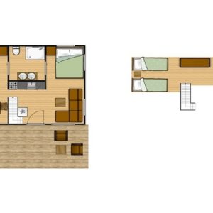 Hébergement insolite : chalet en bois avec cuisine ouverte et espace repas convivial.