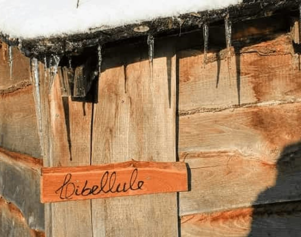 Cabane en bois avec un panneau Libellule et des glaçons suspendus.