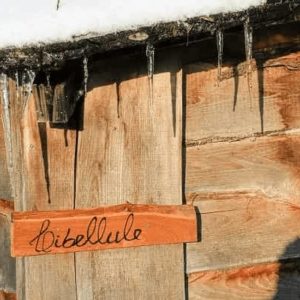 Cabane en bois avec un panneau Libellule et des glaçons suspendus.