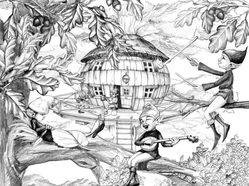 Cabane dans les arbres avec des personnages jouant de la musique et des instruments.