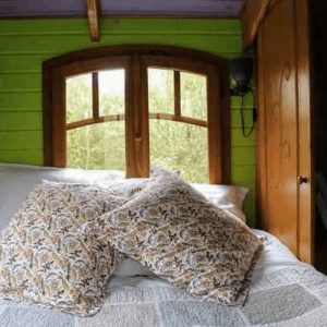Chalet insolite avec murs verts et coussins décoratifs sur un lit douillet.