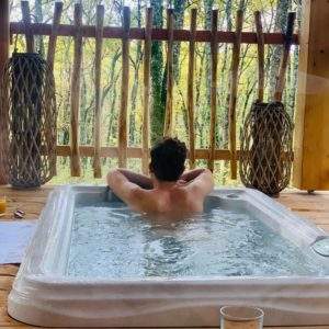 Cabane perchée en Aquitaine avec jacuzzi, vue sur la forêt verdoyante.