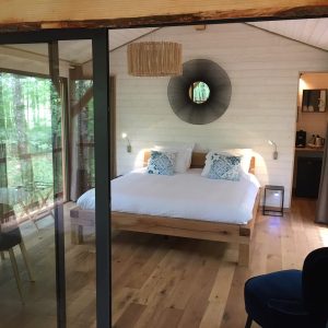 Chalet en bois avec lit douillet et vue sur la forêt en Aquitaine.