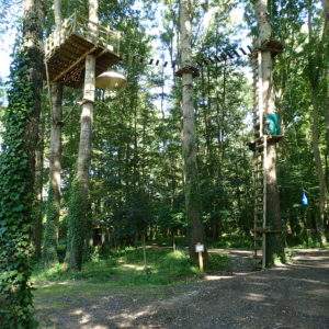 Cabane dans les arbres en Île-de-France, perchée entre les feuillages verdoyants.