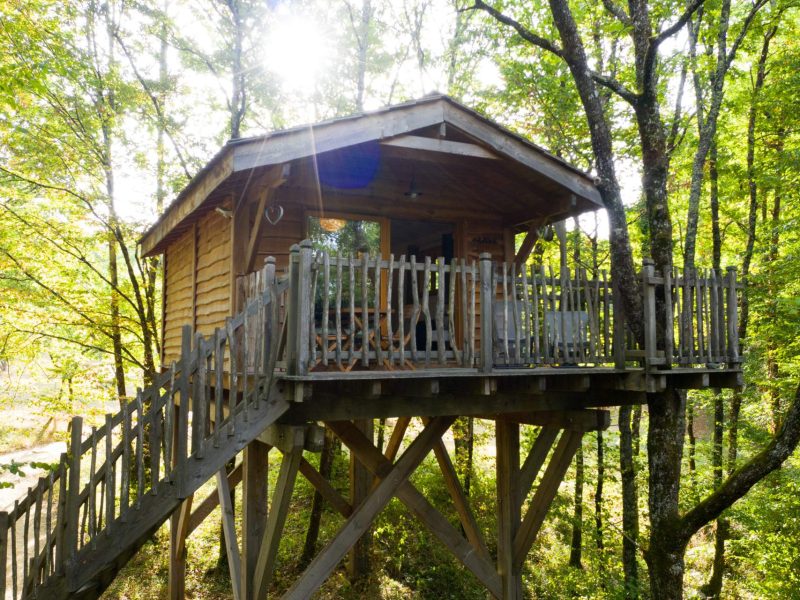 Cabane perchée en bois, entourée darbres verdoyants, offrant une vue apaisante.