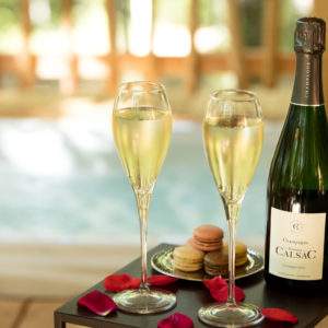 Hébergement insolite en Aquitaine avec champagne et macarons près dun jacuzzi.