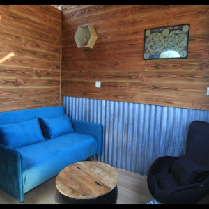Hébergement insolite en Midi-Pyrénées : salon cosy avec canapé bleu et murs en bois.