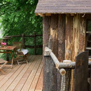 Cabane en bois perchée, avec terrasse en bois et vue sur la nature verdoyante.