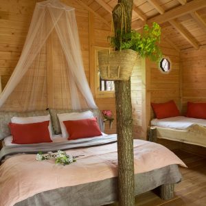 Cabane en bois cosy avec lit double, décorée de fleurs et dune ambiance chaleureuse.