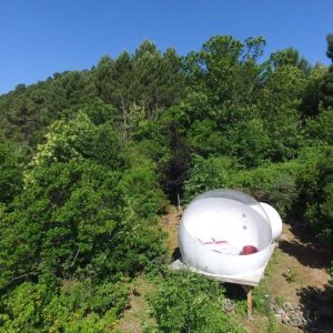 Hébergement insolite en bulle transparente, niché dans la verdure du Languedoc-Roussillon.