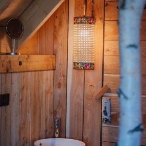 Cabane en bois en Provence-Alpes-Côte dAzur avec lavabo design et lumière colorée.